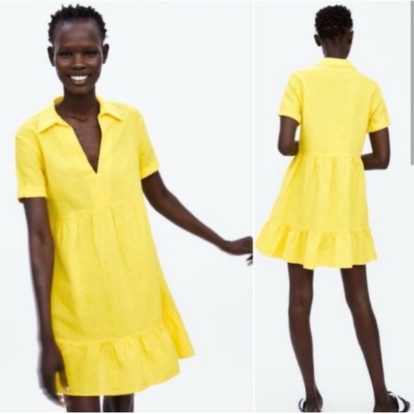 Zara Dresses & Skirts - Zara Bright Yellow Ruffle Hem Babydoll Dress Size Medium